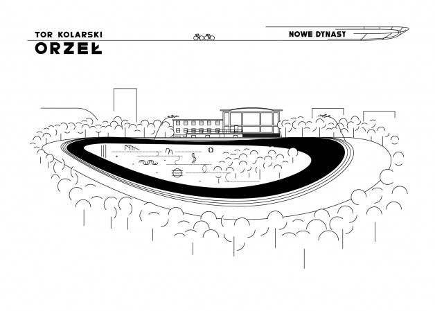 Czarno - biały rysunek przedstawia tor kolarski otoczony drzewami. Na tyłach toru znajduje się modernistyczny budynek. 