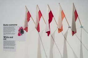 Na białej ścianie wisi pięć biało - czerwonych flag Polski, które są w różnym stopniu wypłowiałe. Obok nich naklejony został tekst zatytułowany "Biało - czerwone". 
